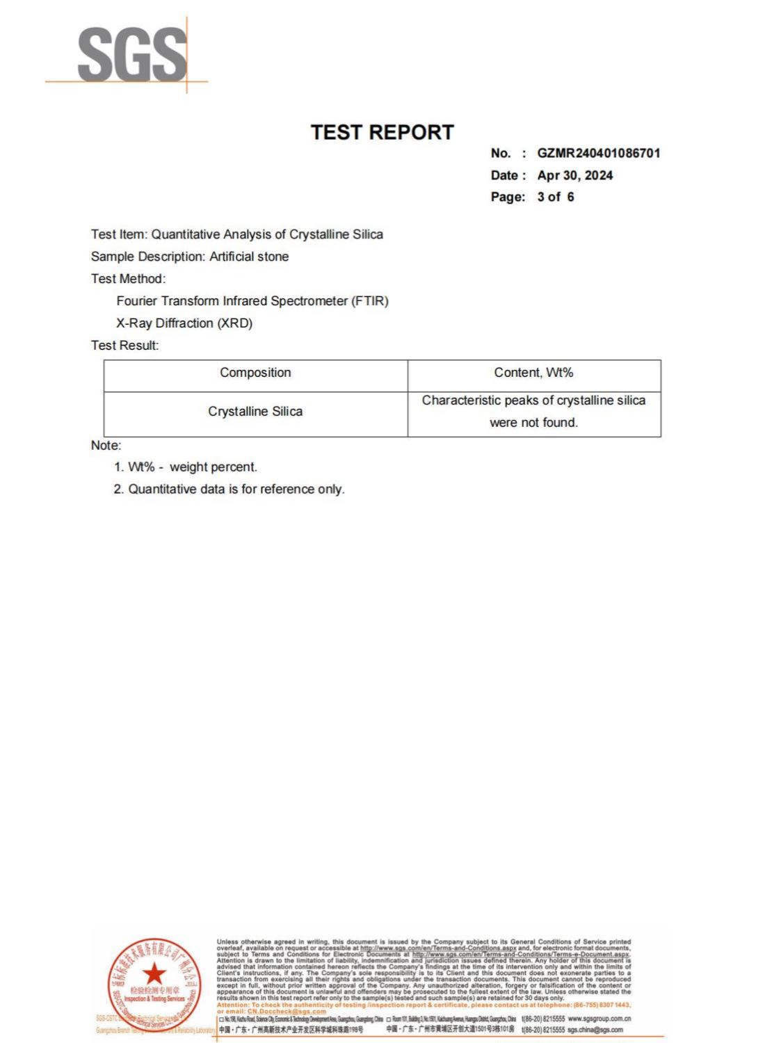 solid surface free silica test report