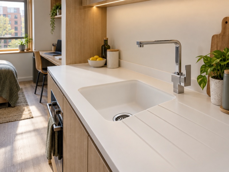Решения GELO Solid Surface для элитного проекта студенческого общежития в Великобритании.